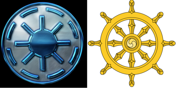 Pictured from left to right: the Bendu symbol and a Buddhist symbol. Eight is a very specific number and I highly doubt this is a coincidence. The eight spokes probably represent the Eight Fold Path.